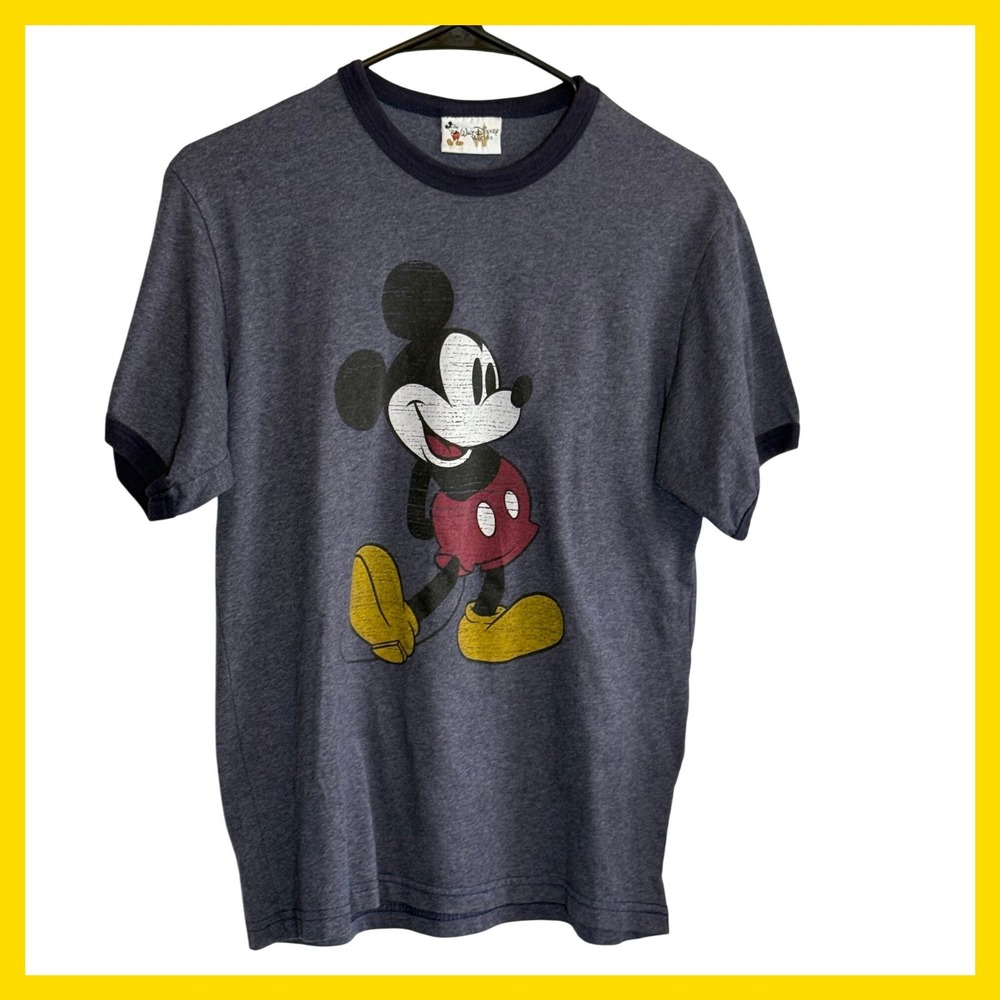 Walt Disney World Mickey Mouse Ringer T-Shirt Heather Navy Blue Vintage Style M